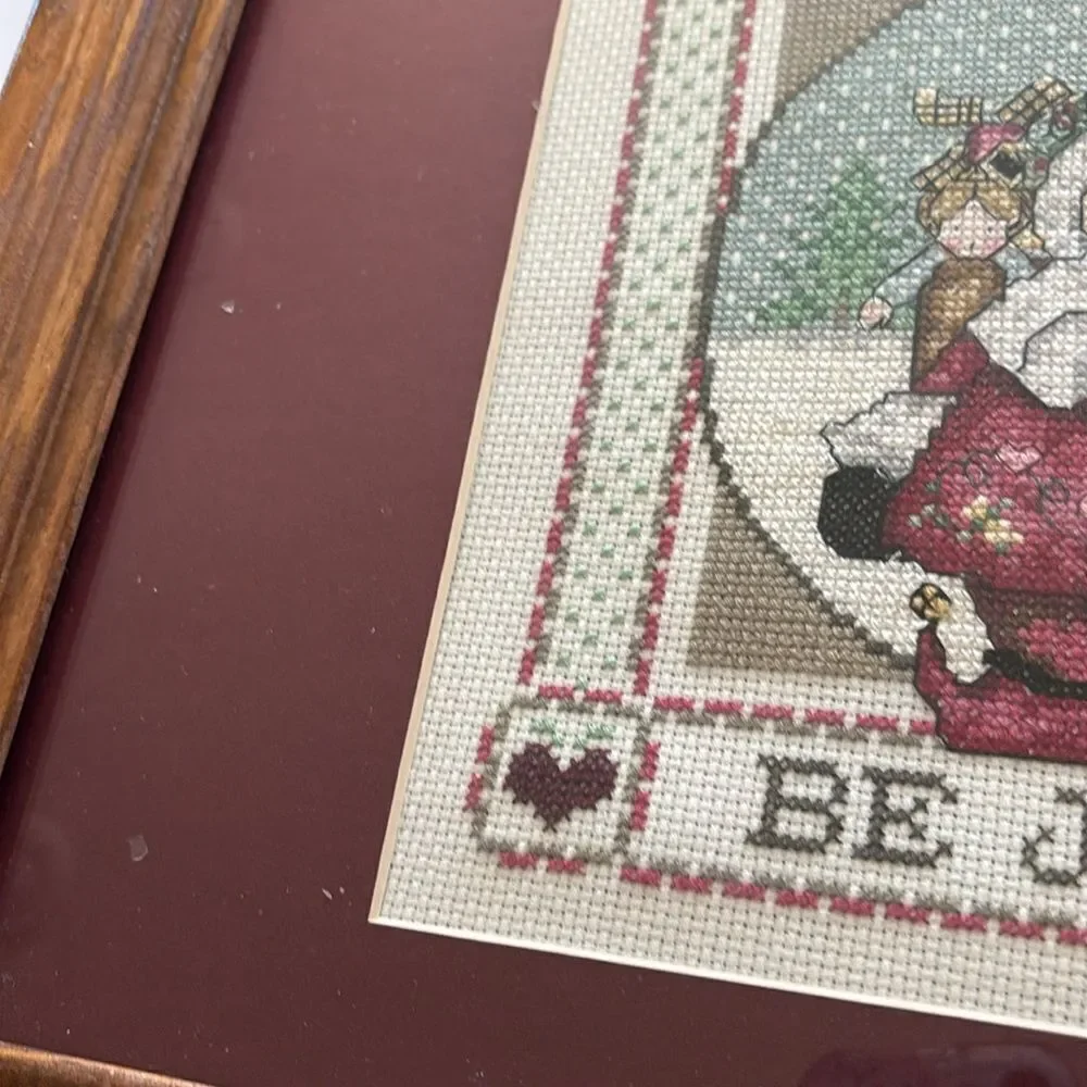 Vintage Christmas Santa Cross Stitch Framed Art Matted picture wall‎ hanging